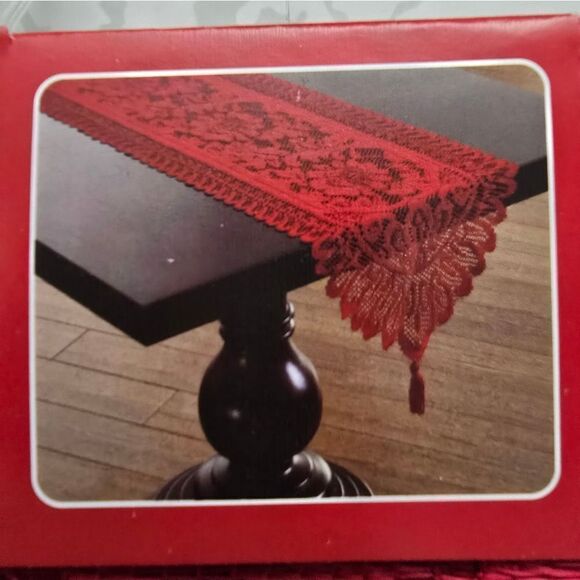 Holiday Vintage Style Christmas Valentine's Day Red Lace Table Runner, 13" x 48" - Picture 4 of 4